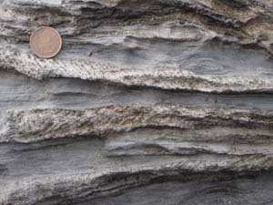 流理の発達した無斑晶質の縞状安山岩質玄武岩